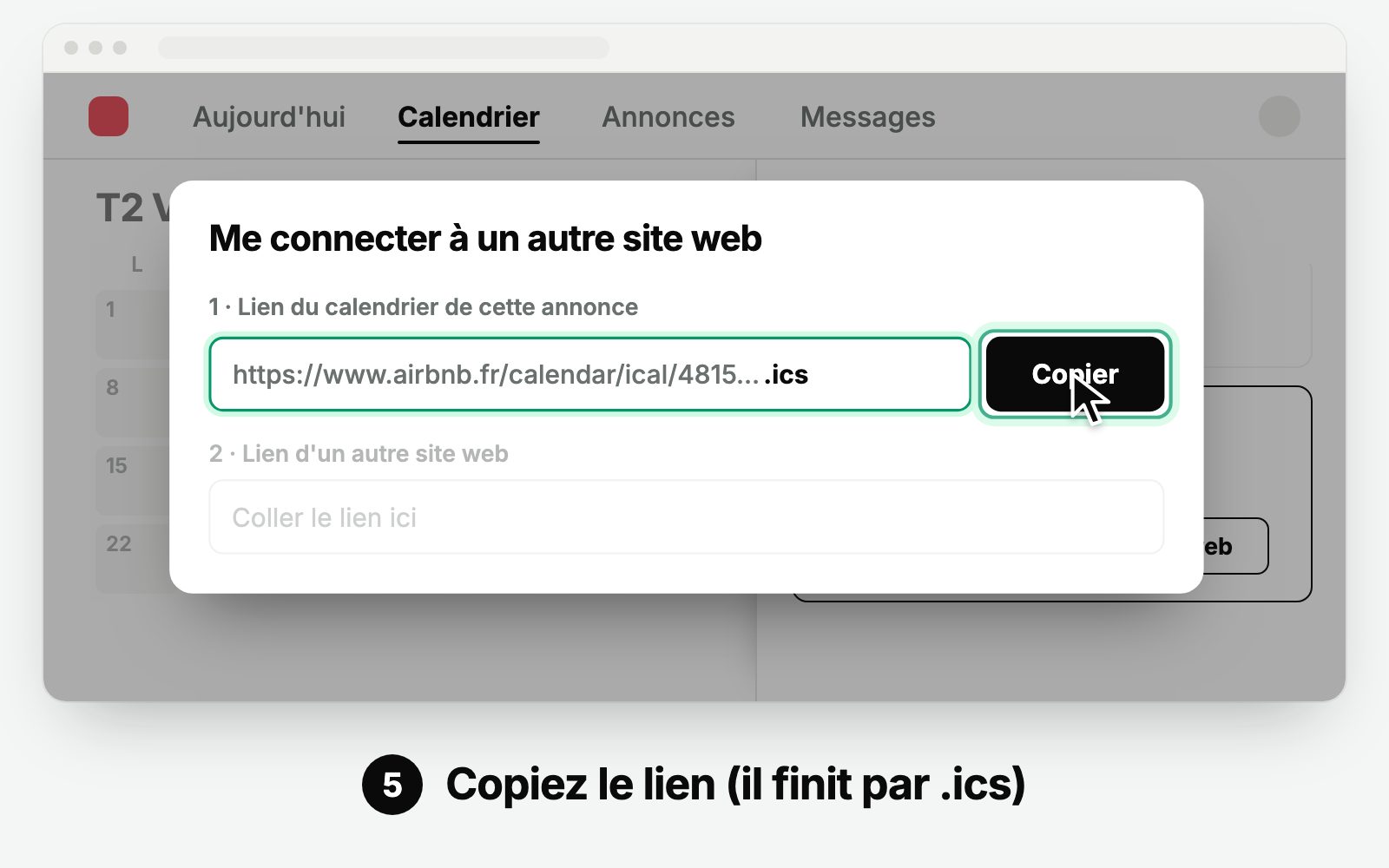 Où copier le lien de calendrier d'une annonce Airbnb